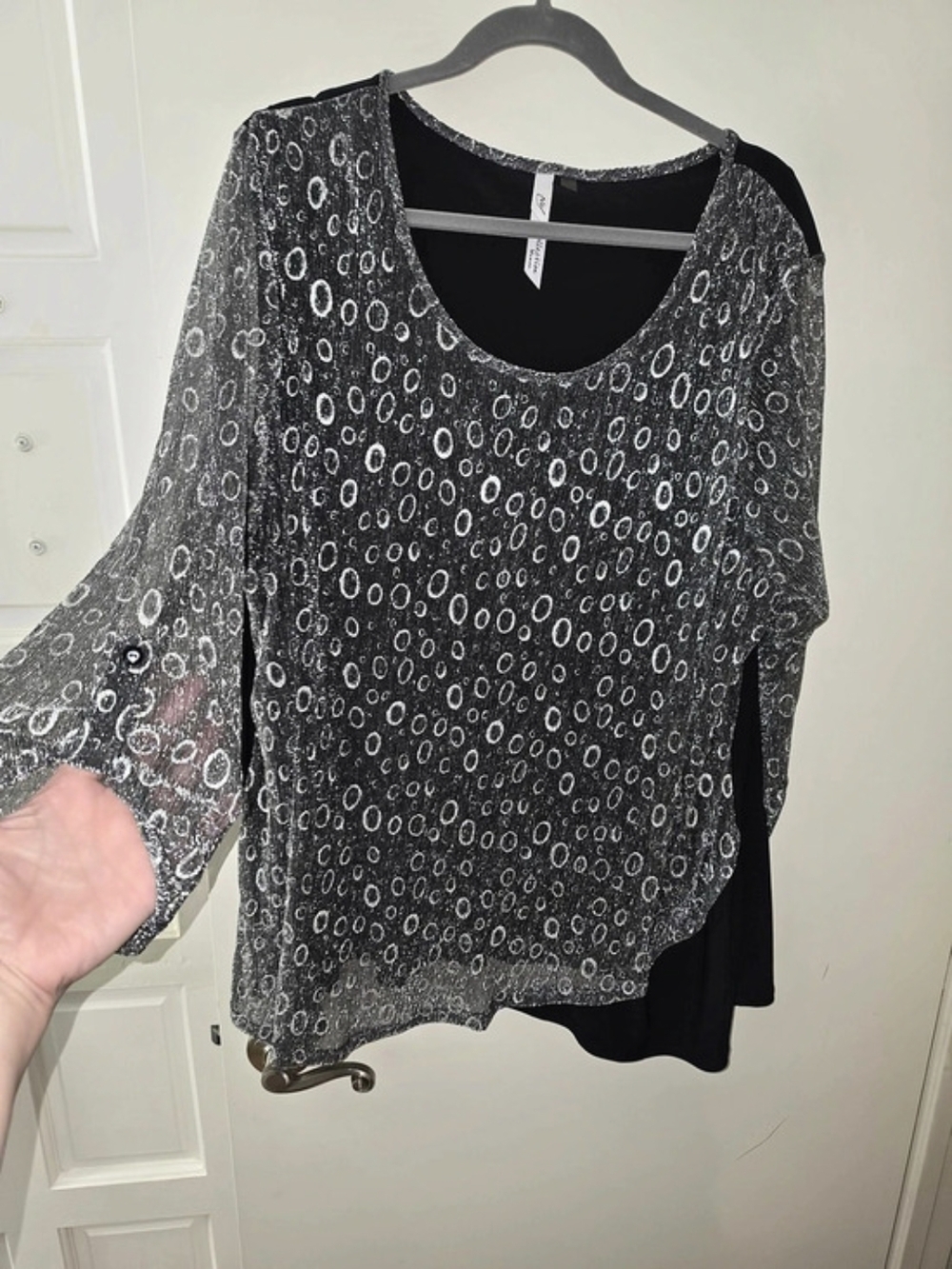NY Collection Black & Silver Geometric Long Sleeve Tunic, Size 2x